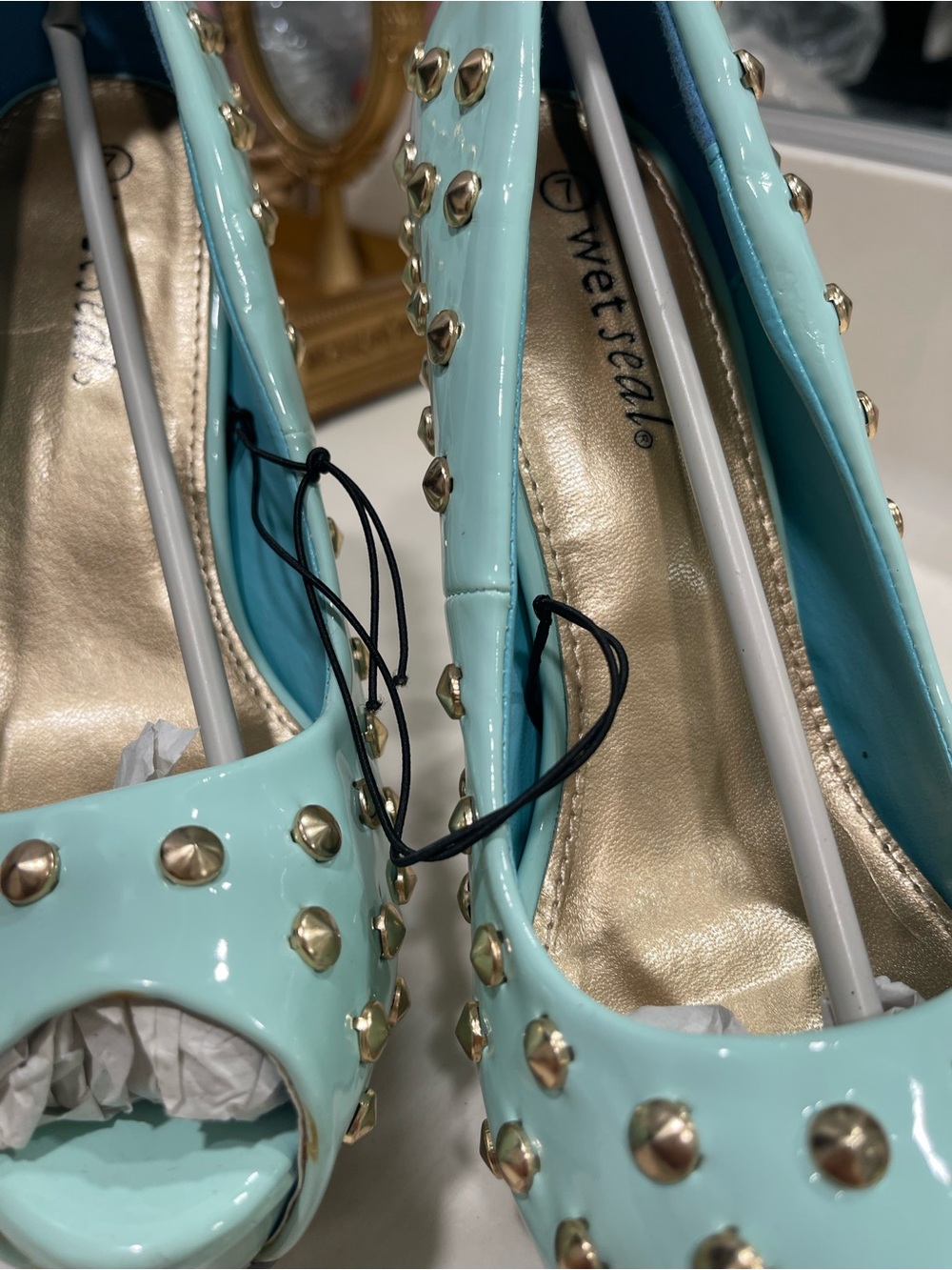 Wet Seal Mint Green Studded High Heel Pumps with Gold Accents - Picture 6 of 11